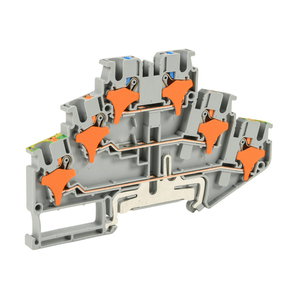 KN-PT25-1-1-GND - Konnect-It screwless feedthrough terminal block, triple-level with ground and marked for phase neutral and ground, accepts wire size 28-12 AWG, gray, 20A, 300 VAC/VDC, 35mm DIN rail mount. Package of 50.