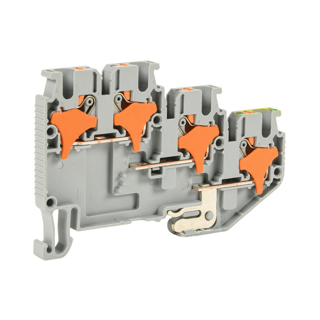 KN-PT25-1-1S-1SGND - Konnect-It screwless feedthrough terminal block, triple-level, sensor with ground, accepts wire size 28-12 AWG, gray, 20A, 300 VAC/VDC, 35mm DIN rail mount. Package of 50.