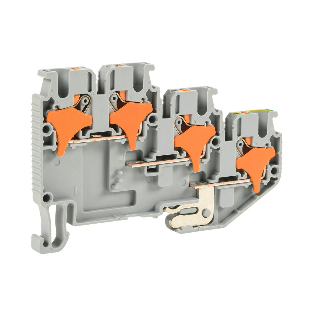 KN-PT25-1-1S-1SGND-25 - Konnect-It screwless feedthrough terminal block, triple-level, sensor with ground, accepts wire size 28-12 AWG, gray, 20A, 300 VAC/VDC, 35mm DIN rail mount. Package of 25.
