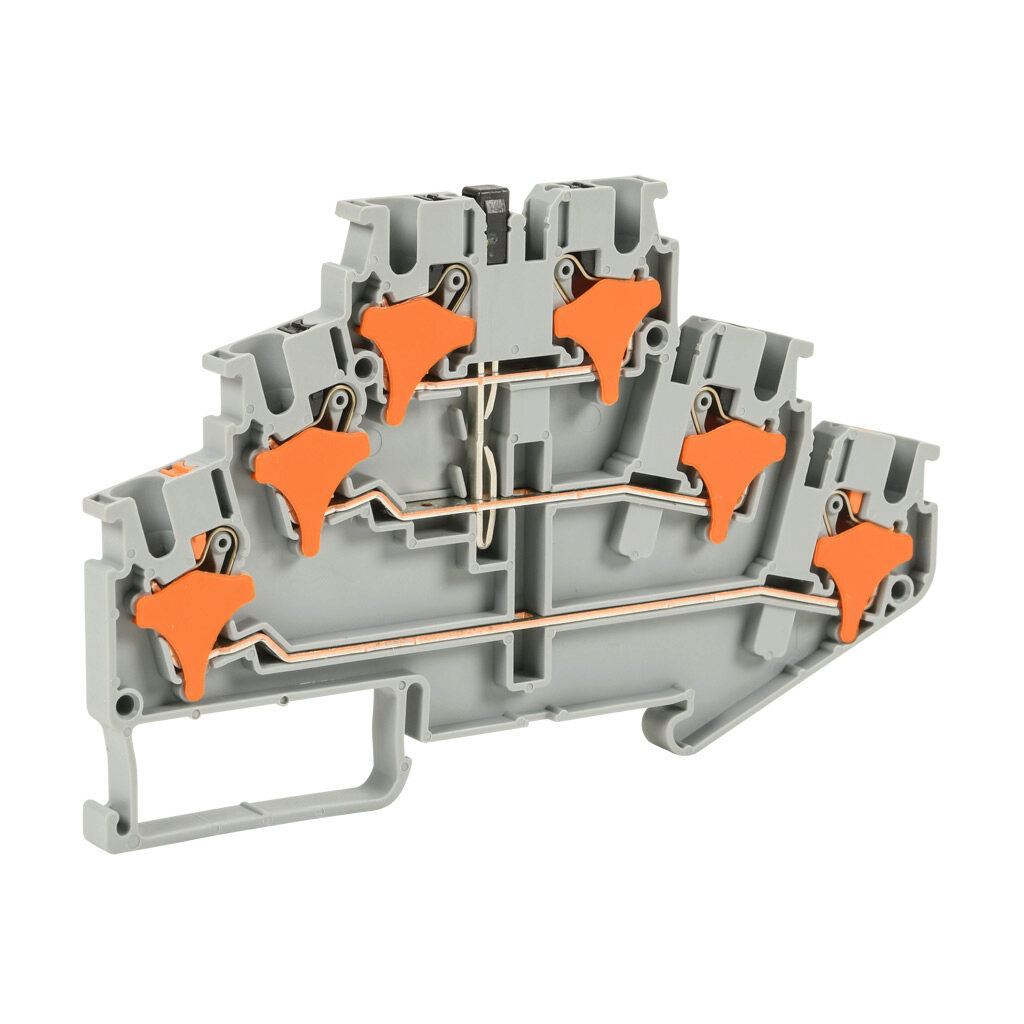 KN-PT25-1X-1X-1 - Konnect-It screwless feedthrough terminal block, triple-level, connected between levels 2 and 3, accepts wire size 28-12 AWG, gray, 20A, 300 VAC/VDC, 35mm DIN rail mount. Package of 50.