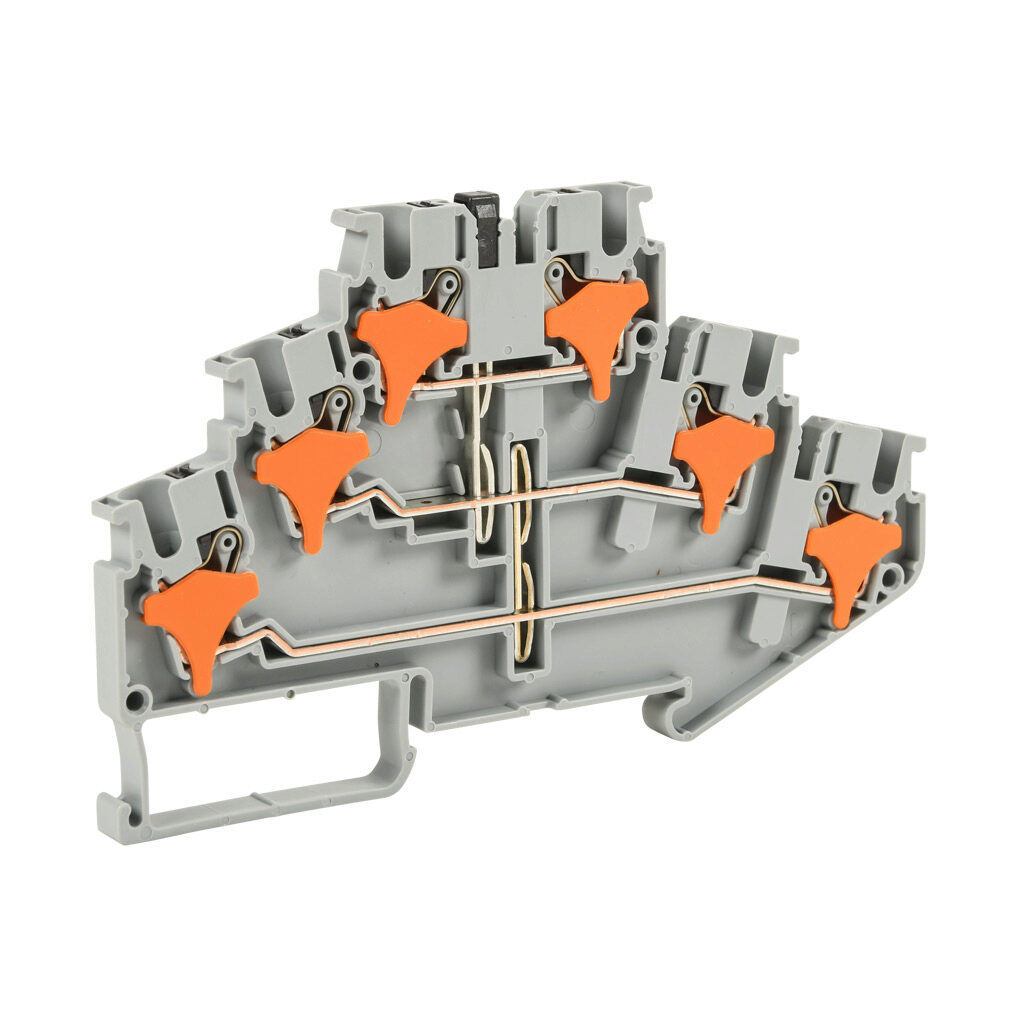 KN-PT25-1X-1X-1X-25 - Konnect-It screwless feedthrough terminal block, triple-level, connected between all levels, accepts wire size 28-12 AWG, gray, 20A, 300 VAC/VDC, 35mm DIN rail mount. Package of 25.