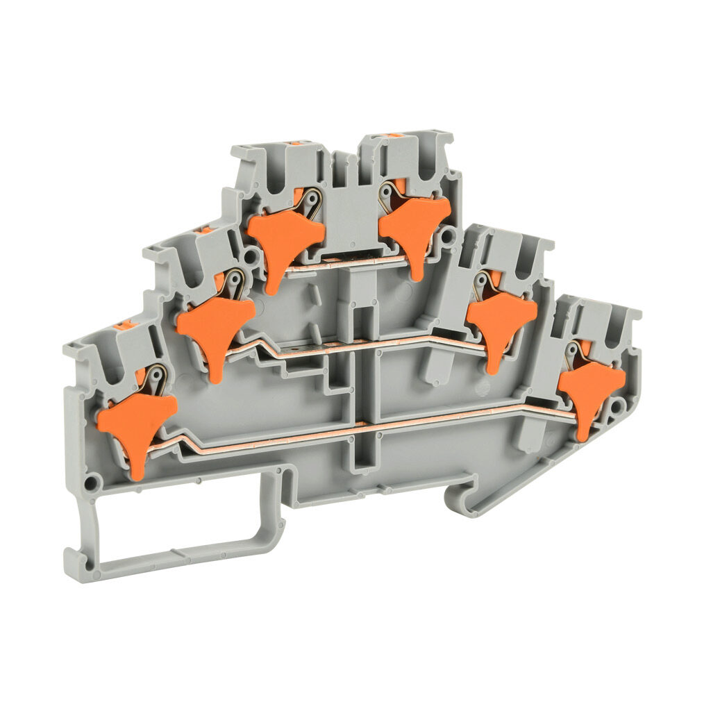 KN-PT25-25 - Konnect-It screwless feedthrough terminal block, triple-level, accepts wire size 28-12 AWG, gray, 20A, 300 VAC/VDC, 35mm DIN rail mount. Package of 25.