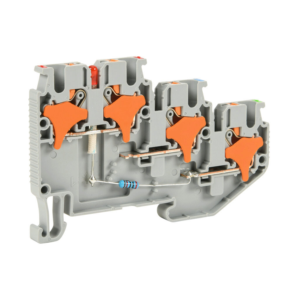 KN-PT25-NPN - Konnect-It screwless feedthrough terminal block, triple-level, sensor NPN power indicator, accepts wire size 28-12 AWG, gray, 20A, 24 VAC/VDC, LED indicator(s), 35mm DIN rail mount. Package of 50.