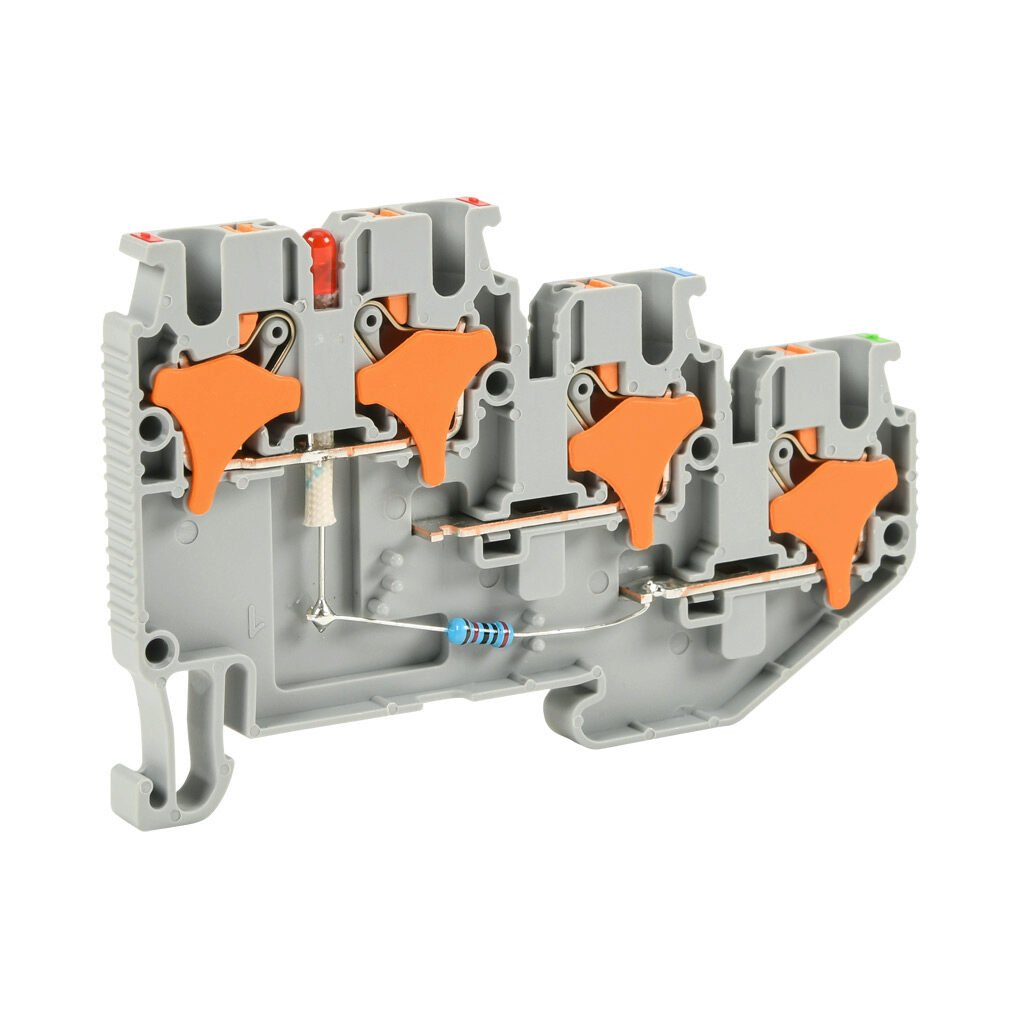 KN-PT25-NPN-25 - Konnect-It screwless feedthrough terminal block, triple-level, sensor NPN power indicator, accepts wire size 28-12 AWG, gray, 20A, 24 VAC/VDC, LED indicator(s), 35mm DIN rail mount. Package of 25.