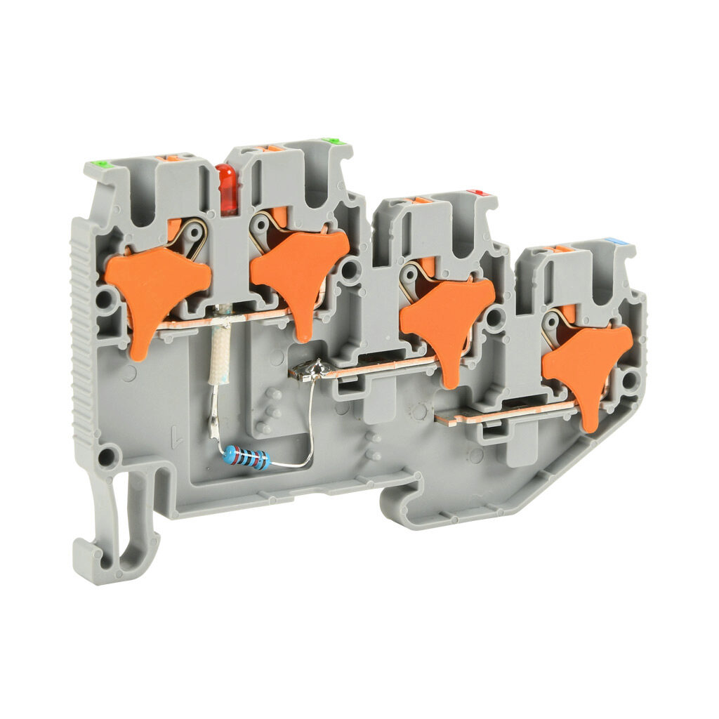 KN-PT25-PNP-25 - Konnect-It screwless feedthrough terminal block, triple-level, sensor PNP power indicator, accepts wire size 28-12 AWG, gray, 20A, 24 VAC/VDC, LED indicator(s), 35mm DIN rail mount. Package of 25.