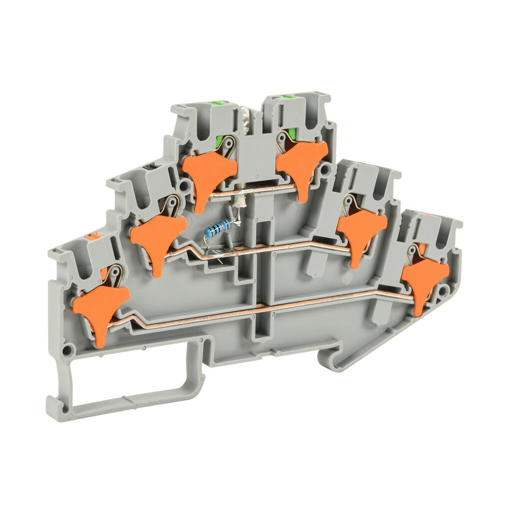 KN-PT25LD110 - Konnect-It screwless feedthrough terminal block, triple-level, power indicator between levels 2 and 3, accepts wire size 28-12 AWG, gray, 20A, 110 VAC/VDC, LED indicator(s), 35mm DIN rail mount. Package of 50.