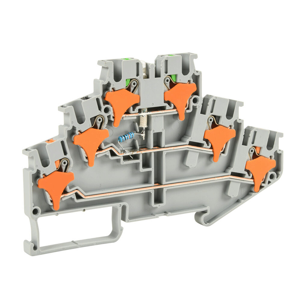KN-PT25LD110-25 - Konnect-It screwless feedthrough terminal block, triple-level, power indicator between levels 2 and 3, accepts wire size 28-12 AWG, gray, 20A, 110 VAC/VDC, LED indicator(s), 35mm DIN rail mount. Package of 25.