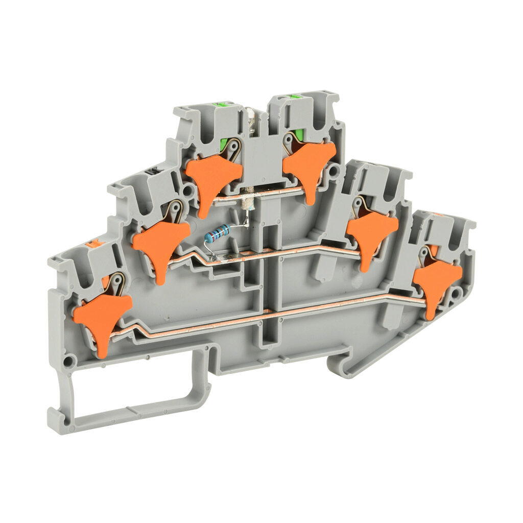 KN-PT25LD220 - Konnect-It screwless feedthrough terminal block, triple-level, power indicator between levels 2 and 3, accepts wire size 28-12 AWG, gray, 20A, 220 VAC/VDC, LED indicator(s), 35mm DIN rail mount. Package of 50.