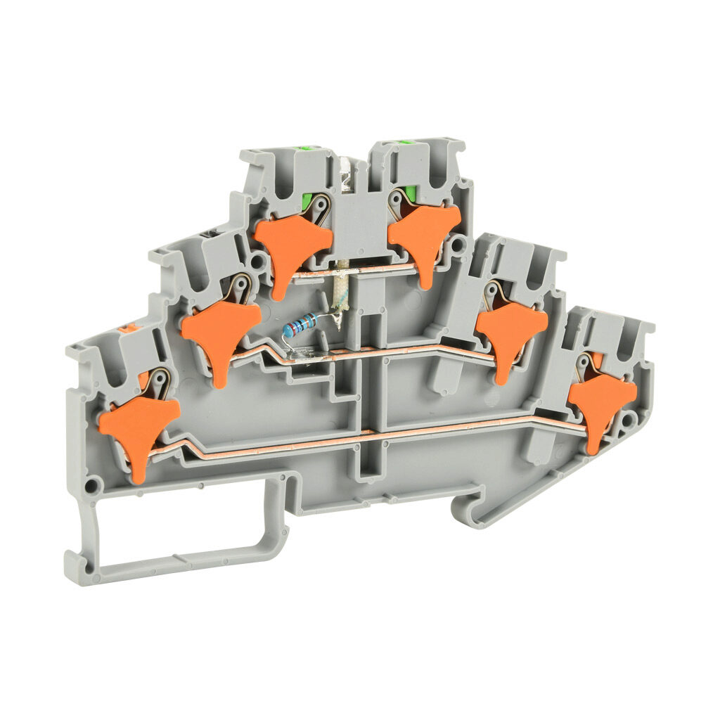 KN-PT25LD220-25 - Konnect-It screwless feedthrough terminal block, triple-level, power indicator between levels 2 and 3, accepts wire size 28-12 AWG, gray, 20A, 220 VAC/VDC, LED indicator(s), 35mm DIN rail mount. Package of 25.
