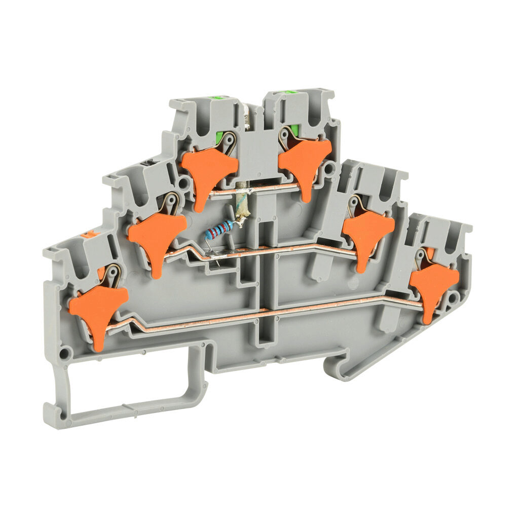 KN-PT25LD24 - Konnect-It screwless feedthrough terminal block, triple-level, power indicator between levels 2 and 3, accepts wire size 28-12 AWG, gray, 20A, 24 VAC/VDC, LED indicator(s), 35mm DIN rail mount. Package of 50.