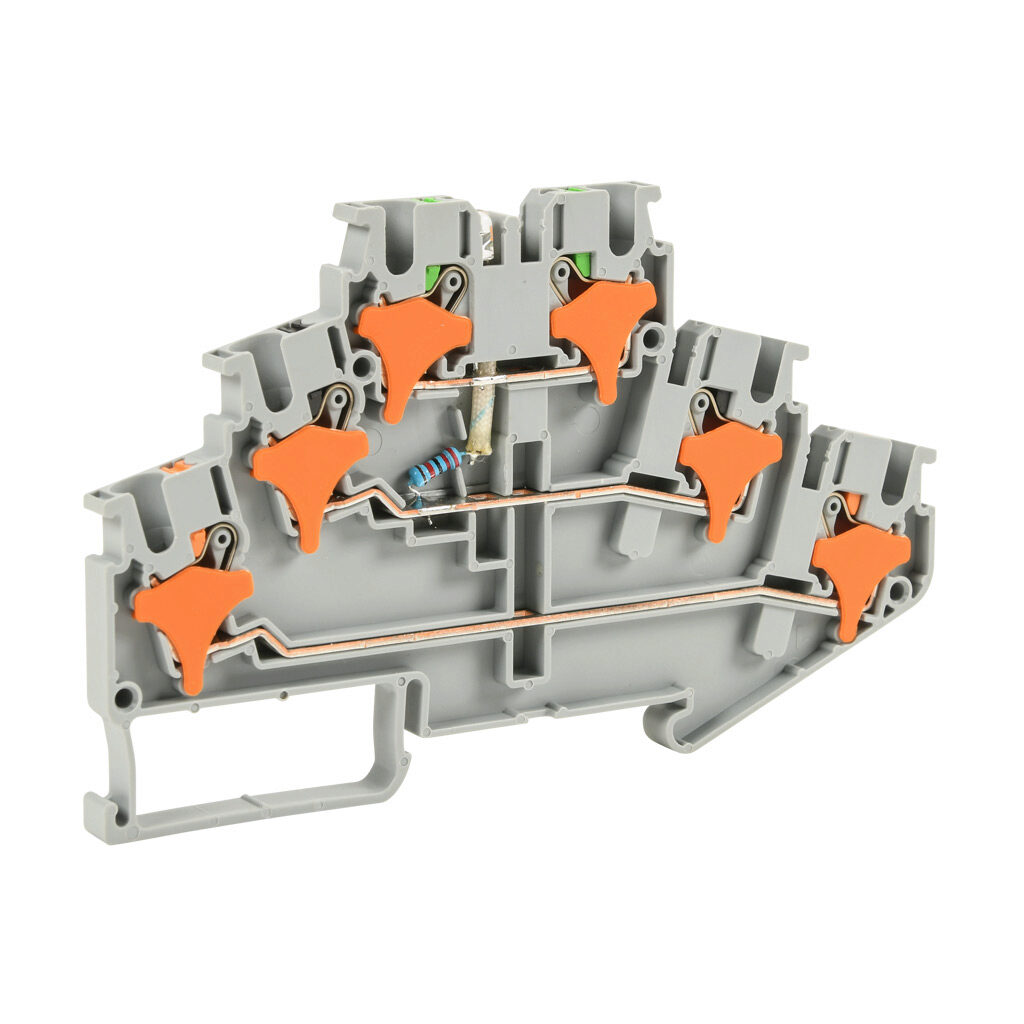 KN-PT25LD24-25 - Konnect-It screwless feedthrough terminal block, triple-level, power indicator between levels 2 and 3, accepts wire size 28-12 AWG, gray, 20A, 24 VAC/VDC, LED indicator(s), 35mm DIN rail mount. Package of 25.