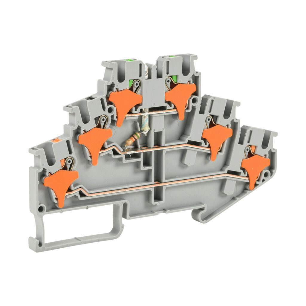 KN-PT25LD48 - Konnect-It screwless feedthrough terminal block, triple-level, power indicator between levels 2 and 3, accepts wire size 28-12 AWG, gray, 20A, 48 VAC/VDC, LED indicator(s), 35mm DIN rail mount. Package of 50.