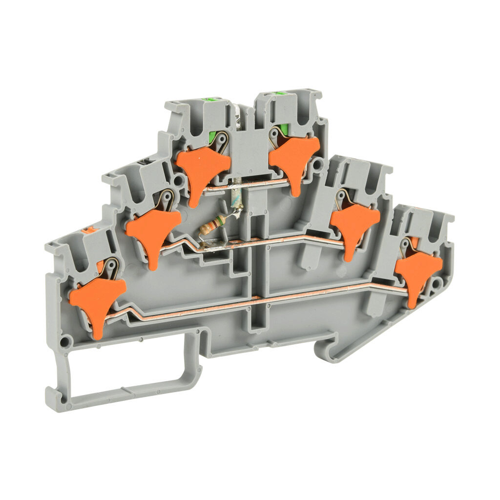 KN-PT25LD48-25 - Konnect-It screwless feedthrough terminal block, triple-level, power indicator between levels 2 and 3, accepts wire size 28-12 AWG, gray, 20A, 48 VAC/VDC, LED indicator(s), 35mm DIN rail mount. Package of 25.
