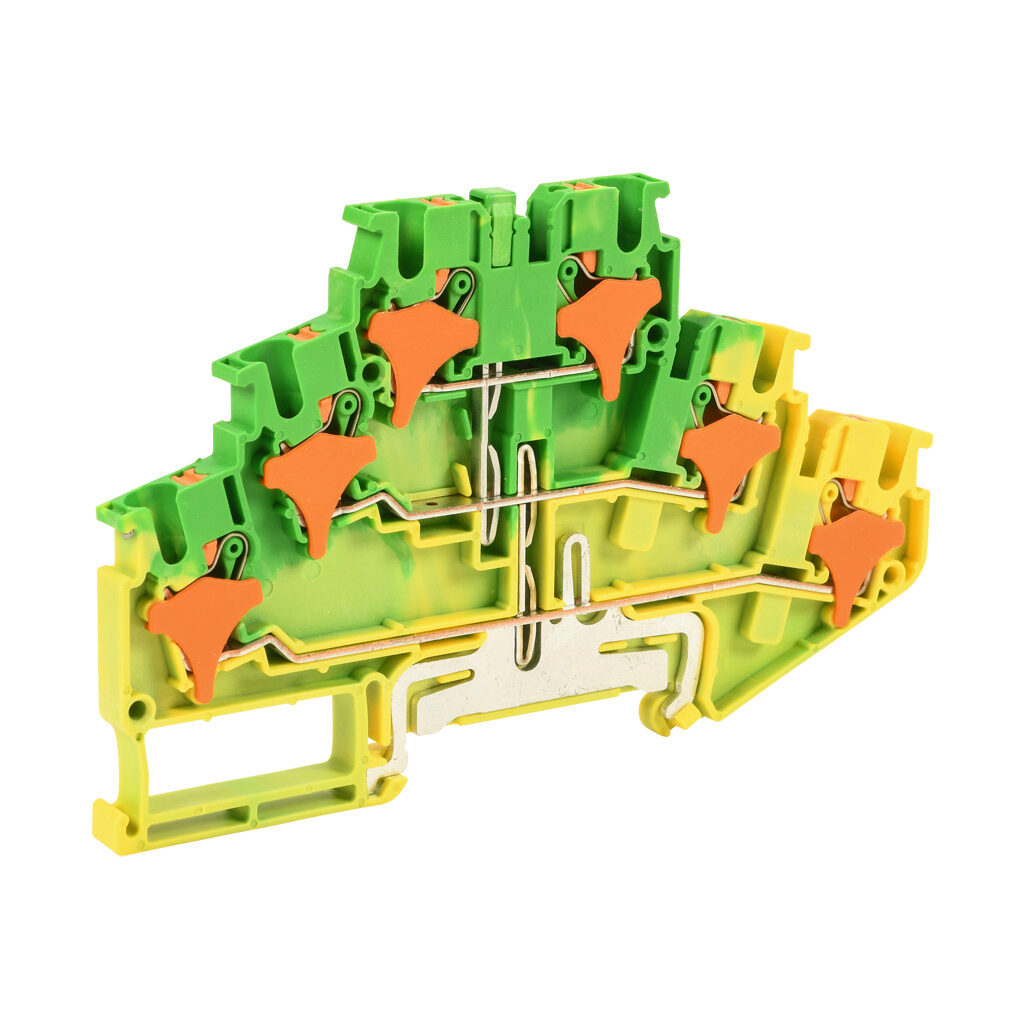 KN-PTG25 - Konnect-It screwless grounding terminal block, triple-level connected between levels, accepts wire size 28-12 AWG, yellow/green, 300 VAC/VDC, 35mm DIN rail mount. Package of 50.