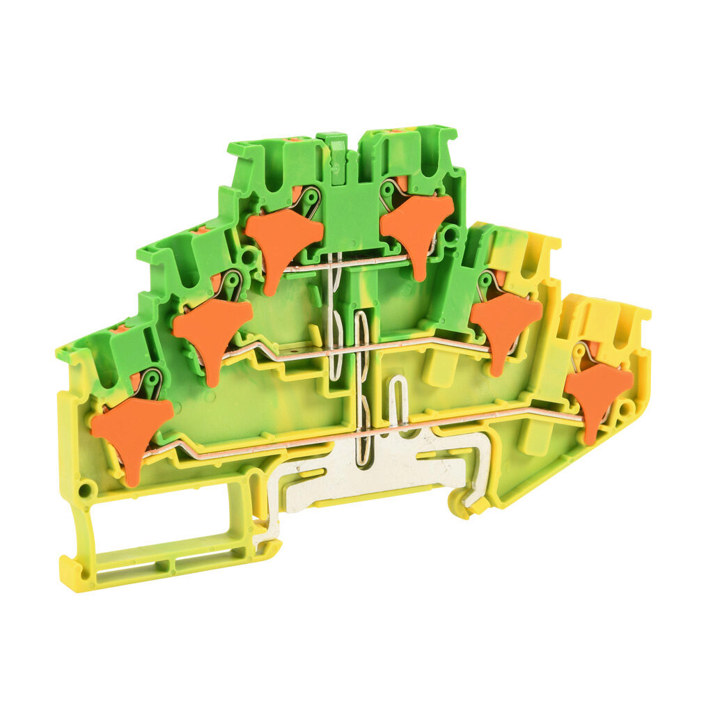 KN-PTG25-25 - Konnect-It screwless grounding terminal block, triple-level connected between levels, accepts wire size 28-12 AWG, yellow/green, 300 VAC/VDC, 35mm DIN rail mount. Package of 25.
