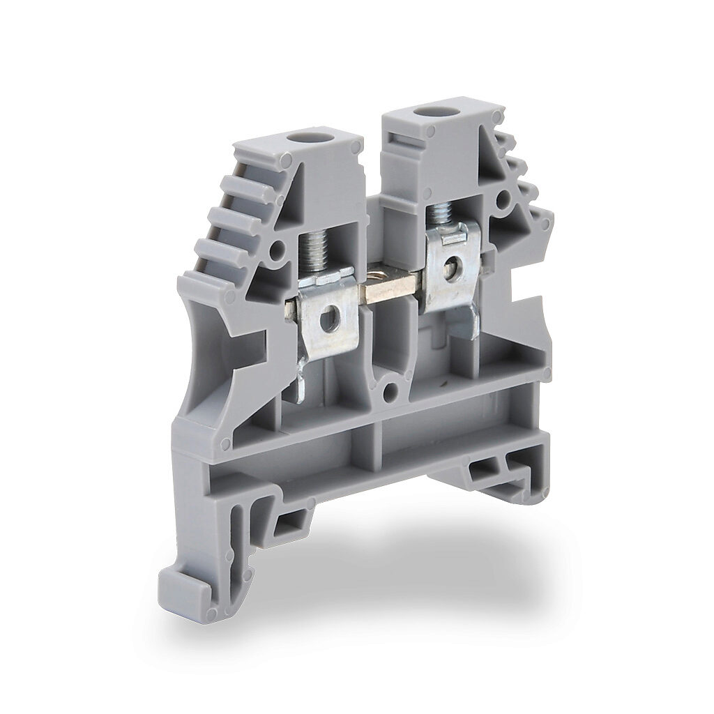 KN-T1/0GRY - Konnect-It screw single-level feedthrough terminal block, accepts wire size 6-1/0 AWG, gray, 150A, 35mm DIN rail mount, 100kA SCCR. Package of 25. For use with jumpers KN-2J1/0, KN-3J1/0 and KN-4J1/0.