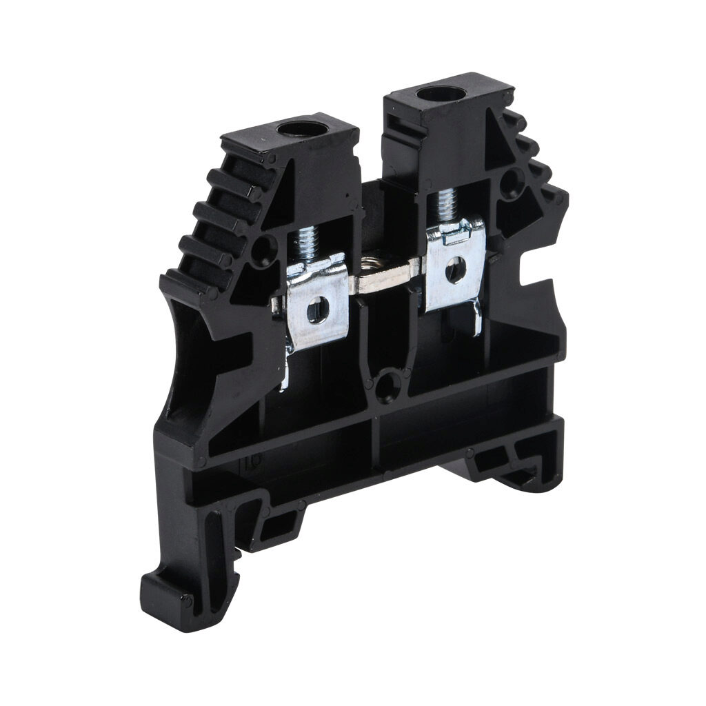 KN-T10BLK-20 - Konnect-It screw single-level feedthrough terminal block, accepts wire size 26-10 AWG, black, 30A, 35mm DIN rail mount, 100kA SCCR. Package of 20. For use with jumpers KN-2J10, KN-3J10, KN-4J10 and KN-10J10.
