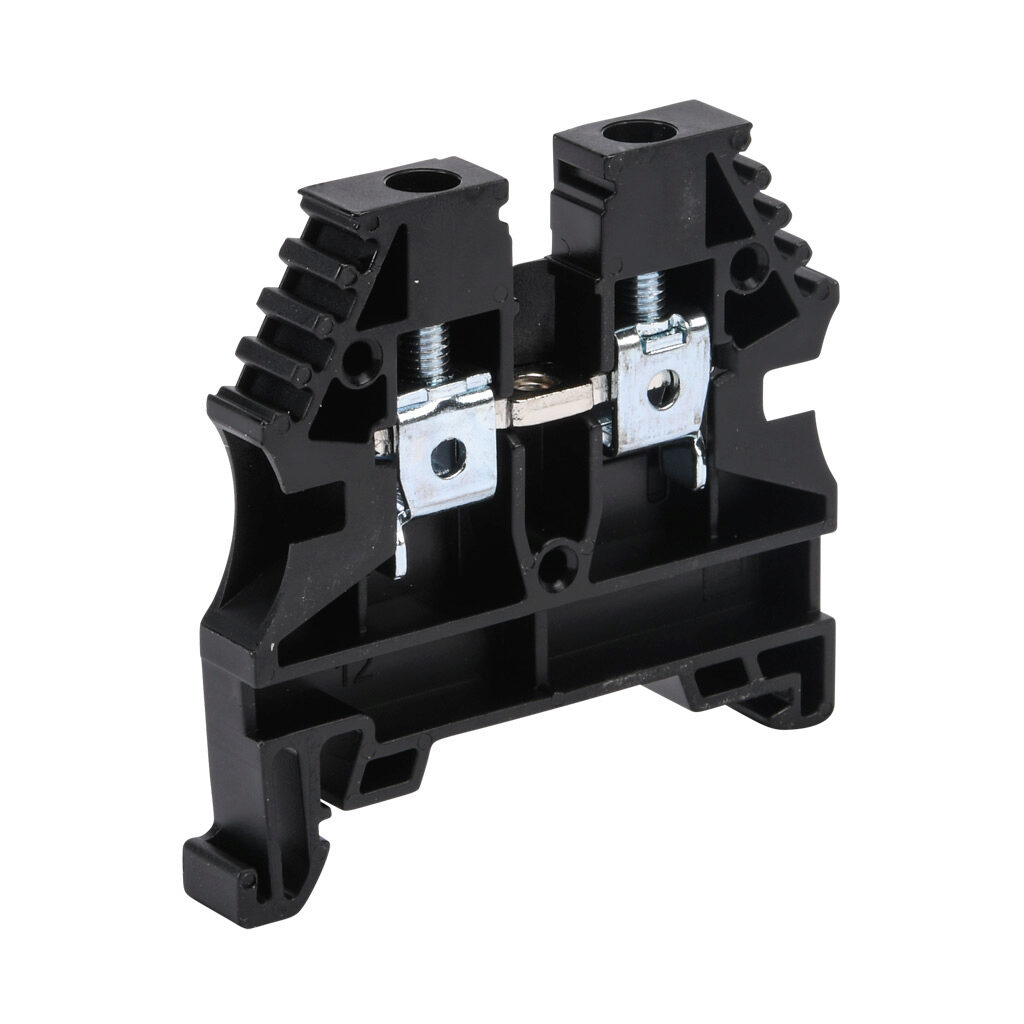 KN-T10BLK-80 - Konnect-It screw single-level feedthrough terminal block, accepts wire size 26-10 AWG, black, 30A, 35mm DIN rail mount, 100kA SCCR. Package of 80. For use with jumpers KN-2J10, KN-3J10, KN-4J10 and KN-10J10.