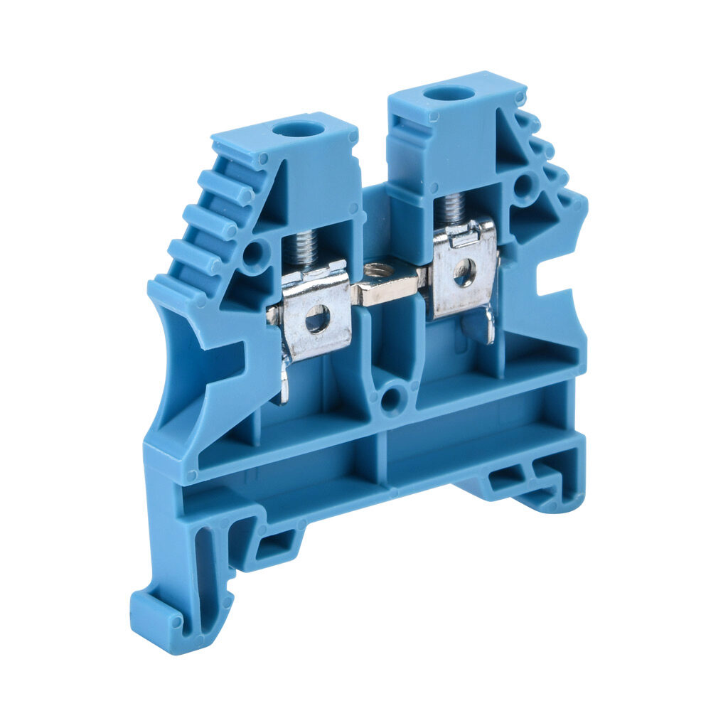 KN-T10BLU-80 - Konnect-It screw single-level feedthrough terminal block, accepts wire size 26-10 AWG, blue, 30A, 35mm DIN rail mount, 100kA SCCR. Package of 80. For use with jumpers KN-2J10, KN-3J10, KN-4J10 and KN-10J10.