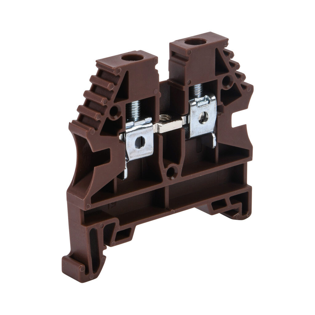 KN-T10BRN-20 - Konnect-It screw single-level feedthrough terminal block, accepts wire size 26-10 AWG, brown, 30A, 35mm DIN rail mount, 100kA SCCR. Package of 20. For use with jumpers KN-2J10, KN-3J10, KN-4J10 and KN-10J10.