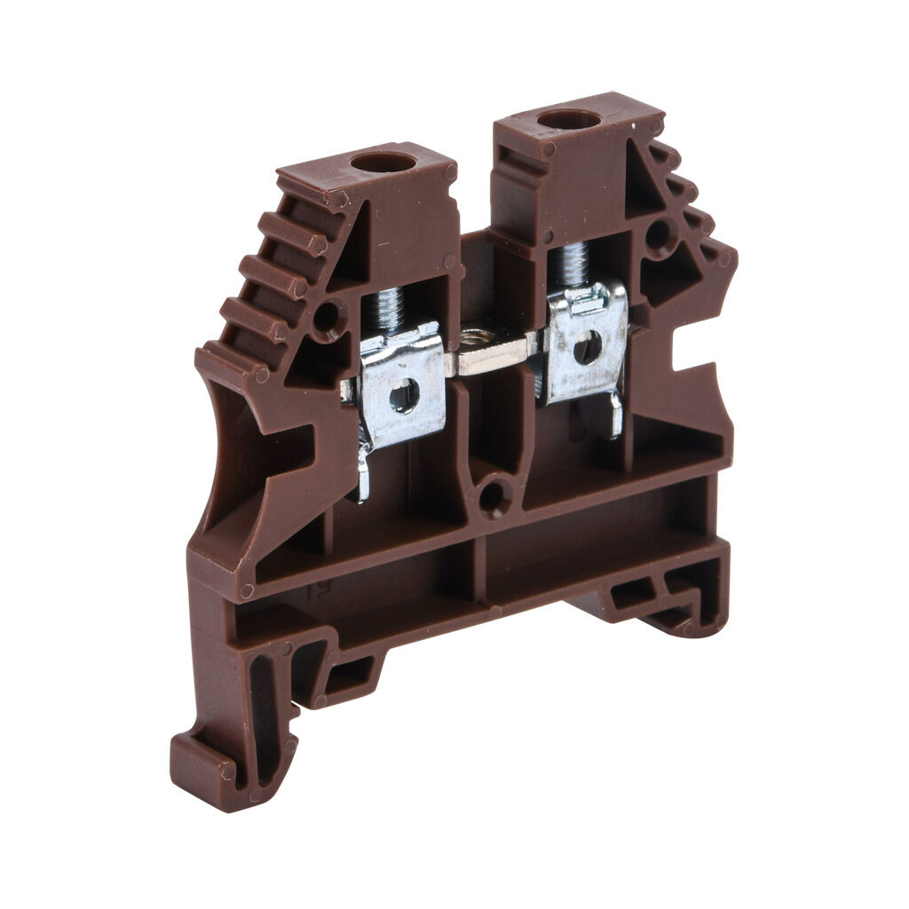 KN-T10BRN-80 - Konnect-It screw single-level feedthrough terminal block, accepts wire size 26-10 AWG, brown, 30A, 35mm DIN rail mount, 100kA SCCR. Package of 80. For use with jumpers KN-2J10, KN-3J10, KN-4J10 and KN-10J10.