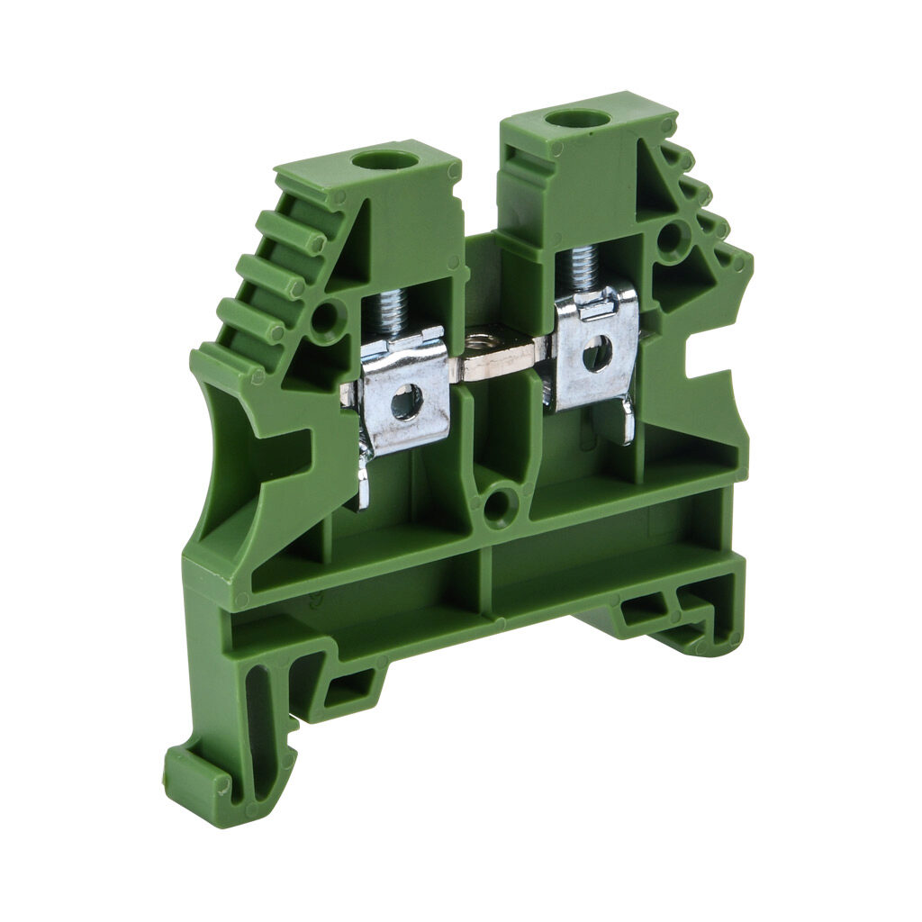KN-T10GRN-20 - Konnect-It screw single-level feedthrough terminal block, accepts wire size 26-10 AWG, green, 30A, 35mm DIN rail mount, 100kA SCCR. Package of 20. For use with jumpers KN-2J10, KN-3J10, KN-4J10 and KN-10J10.