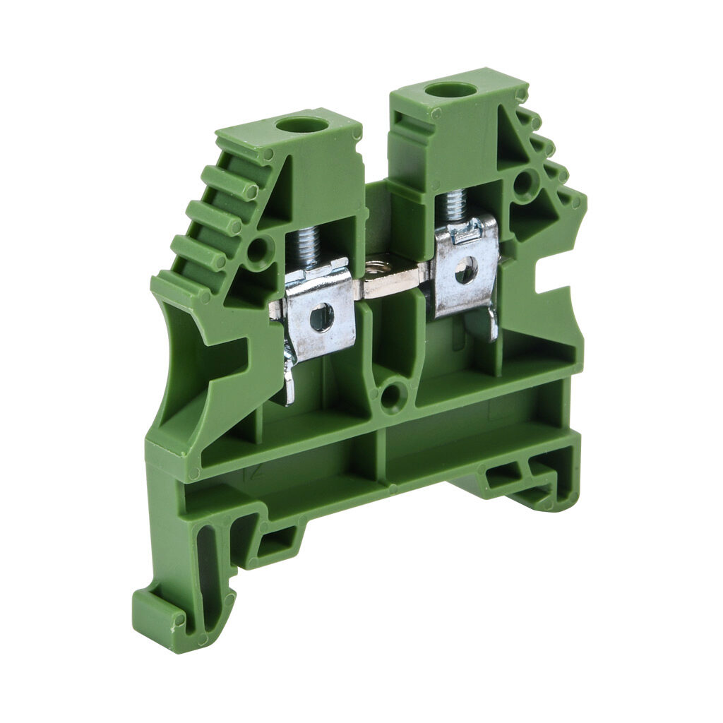 KN-T10GRN-80 - Konnect-It screw single-level feedthrough terminal block, accepts wire size 26-10 AWG, green, 30A, 35mm DIN rail mount, 100kA SCCR. Package of 80. For use with jumpers KN-2J10, KN-3J10, KN-4J10 and KN-10J10.