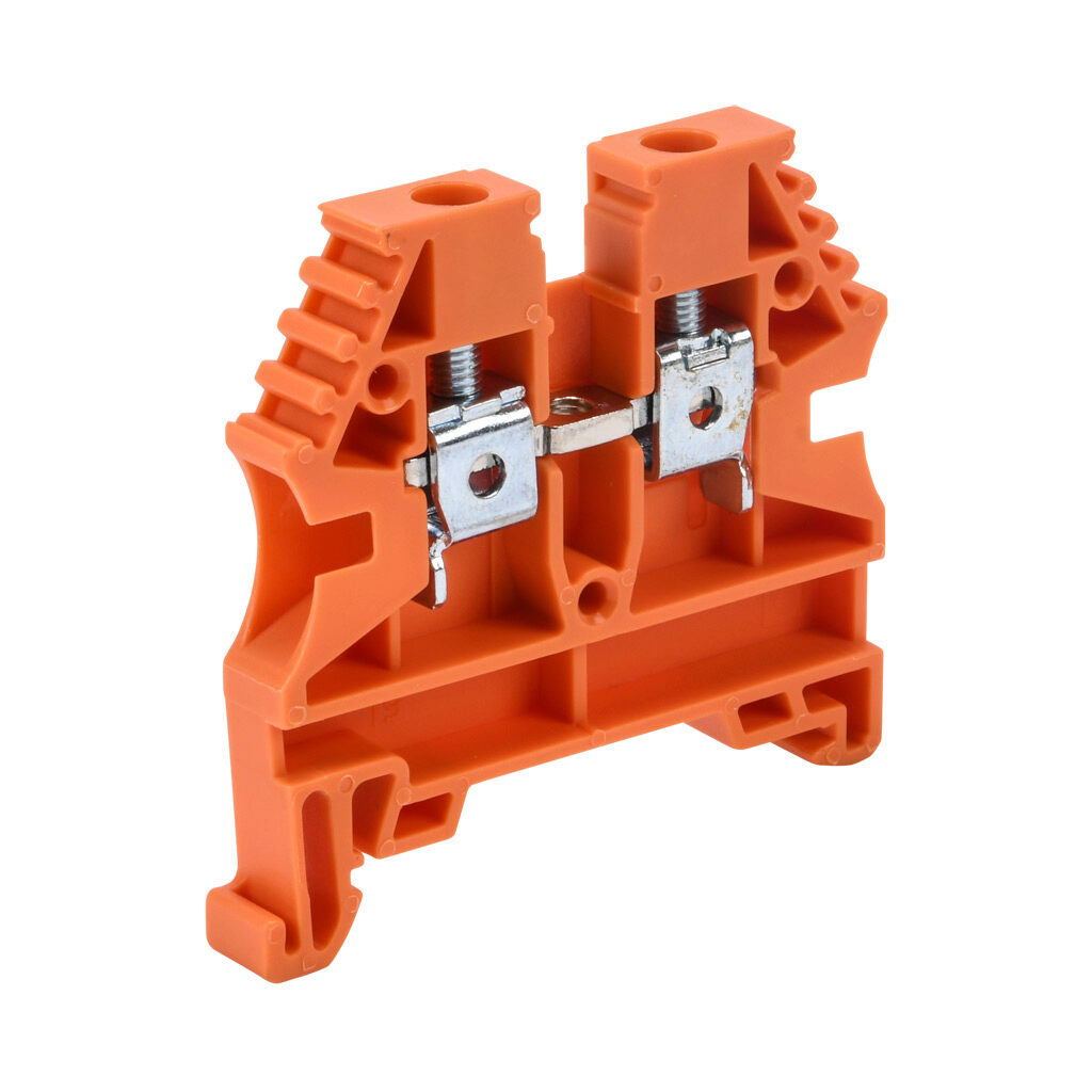 KN-T10ORG-20 - Konnect-It screw single-level feedthrough terminal block, accepts wire size 26-10 AWG, orange, 30A, 35mm DIN rail mount, 100kA SCCR. Package of 20. For use with jumpers KN-2J10, KN-3J10, KN-4J10 and KN-10J10.