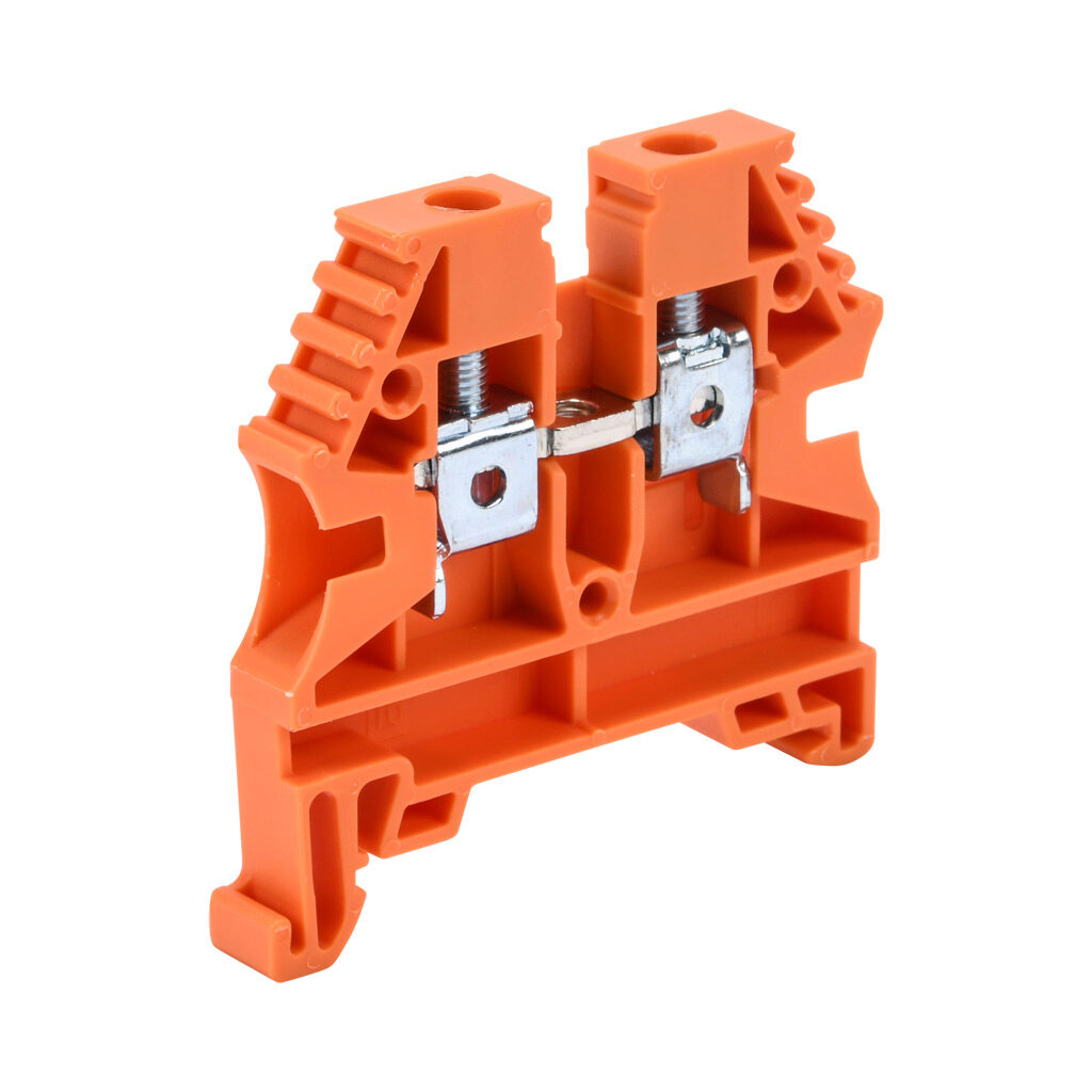 KN-T10ORG-80 - Konnect-It screw single-level feedthrough terminal block, accepts wire size 26-10 AWG, orange, 30A, 35mm DIN rail mount, 100kA SCCR. Package of 80. For use with jumpers KN-2J10, KN-3J10, KN-4J10 and KN-10J10.
