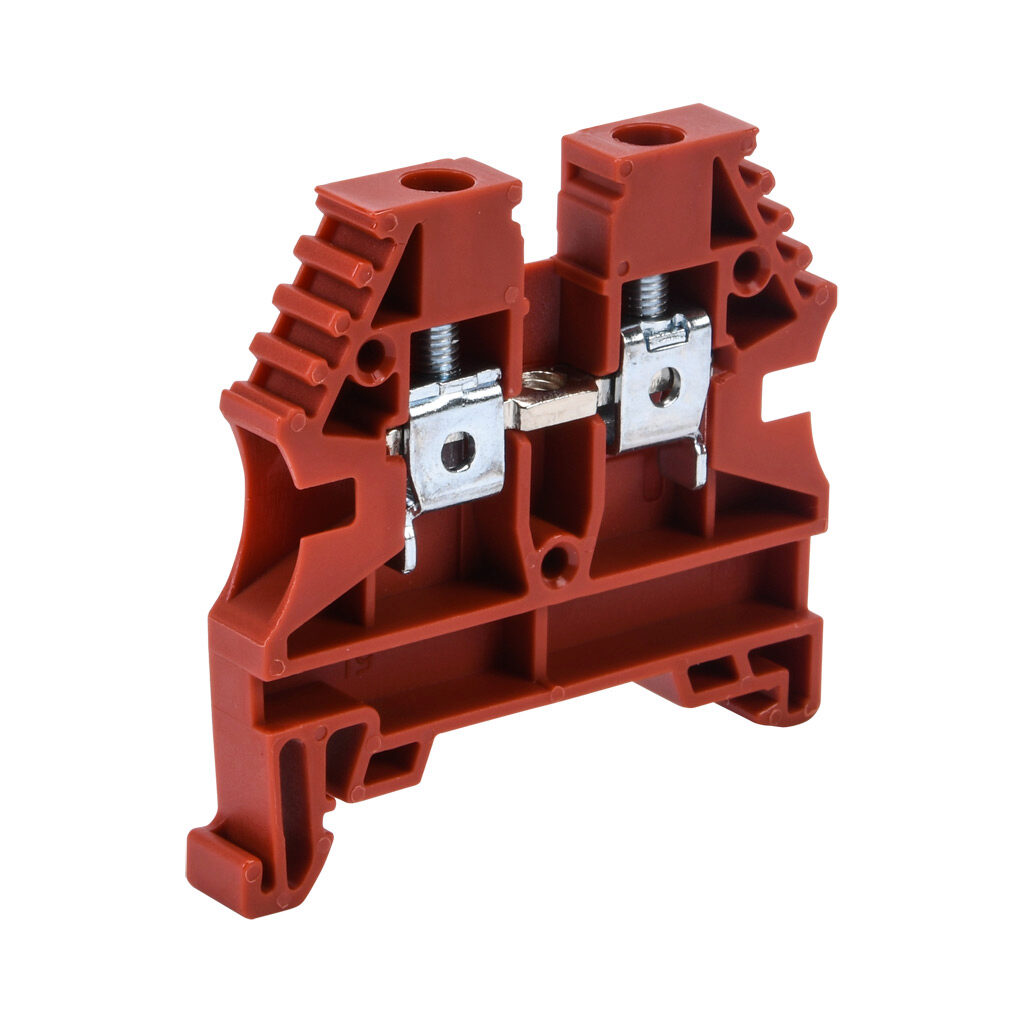 KN-T10RED-20 - Konnect-It screw single-level feedthrough terminal block, accepts wire size 26-10 AWG, red, 30A, 35mm DIN rail mount, 100kA SCCR. Package of 20. For use with jumpers KN-2J10, KN-3J10, KN-4J10 and KN-10J10.