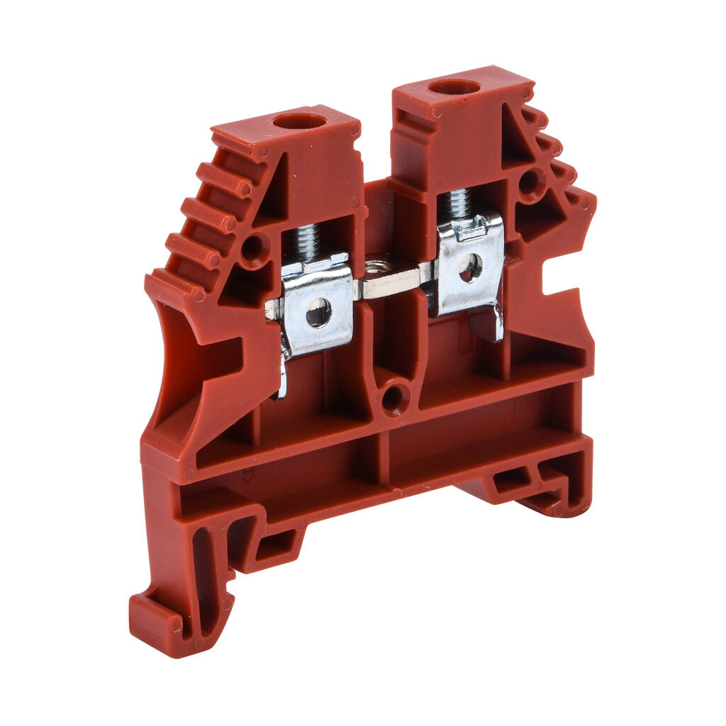 KN-T10RED-80 - Konnect-It screw single-level feedthrough terminal block, accepts wire size 26-10 AWG, red, 30A, 35mm DIN rail mount, 100kA SCCR. Package of 80. For use with jumpers KN-2J10, KN-3J10, KN-4J10 and KN-10J10.