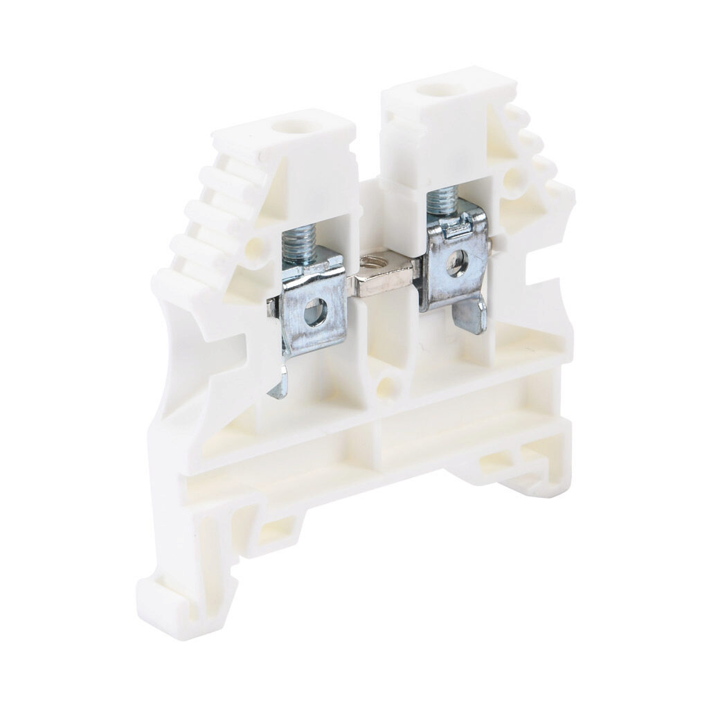 KN-T10WHT-20 - Konnect-It screw single-level feedthrough terminal block, accepts wire size 26-10 AWG, white, 30A, 35mm DIN rail mount, 100kA SCCR. Package of 20. For use with jumpers KN-2J10, KN-3J10, KN-4J10 and KN-10J10.
