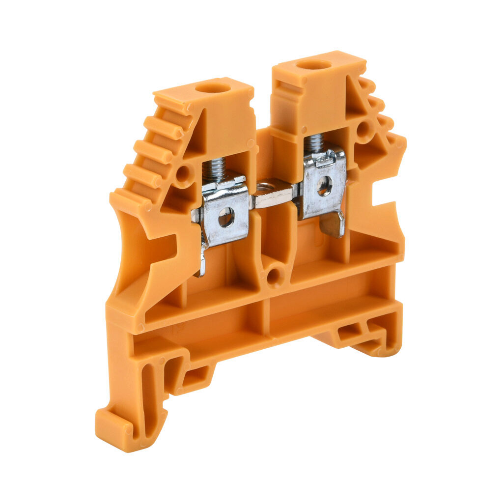 KN-T10YEL-20 - Konnect-It screw single-level feedthrough terminal block, accepts wire size 26-10 AWG, yellow, 30A, 35mm DIN rail mount, 100kA SCCR. Package of 20. For use with jumpers KN-2J10, KN-3J10, KN-4J10 and KN-10J10.