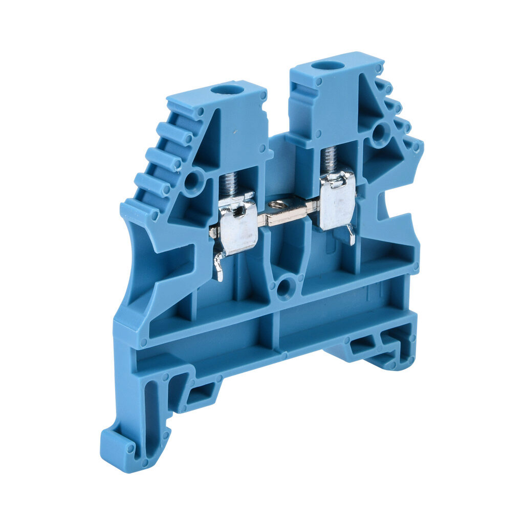 KN-T12BLU-100 - Konnect-It screw single-level feedthrough terminal block, accepts wire size 26-12 AWG, blue, 20A, 35mm DIN rail mount, 100kA SCCR. Package of 100. For use with jumpers KN-2J12, KN-3J12, KN-4J12 and KN-10J12.