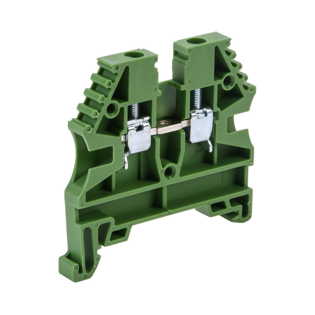 KN-T12GRN-100 - Konnect-It screw single-level feedthrough terminal block, accepts wire size 26-12 AWG, green, 20A, 35mm DIN rail mount, 100kA SCCR. Package of 100. For use with jumpers KN-2J12, KN-3J12, KN-4J12 and KN-10J12.