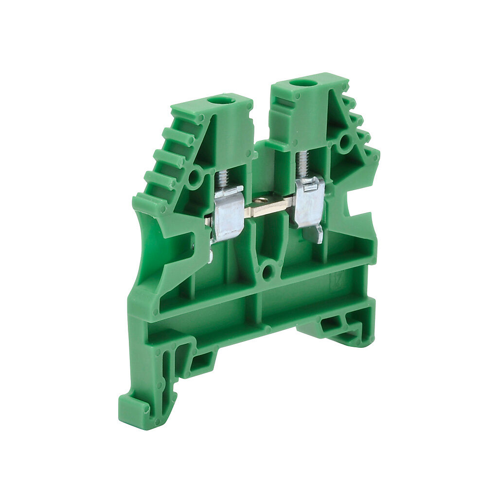 KN-T12GRN-25 - Konnect-It screw single-level feedthrough terminal block, accepts wire size 26-12 AWG, green, 20A, 35mm DIN rail mount, 100kA SCCR. Package of 25. For use with jumpers KN-2J12, KN-3J12, KN-4J12 and KN-10J12.