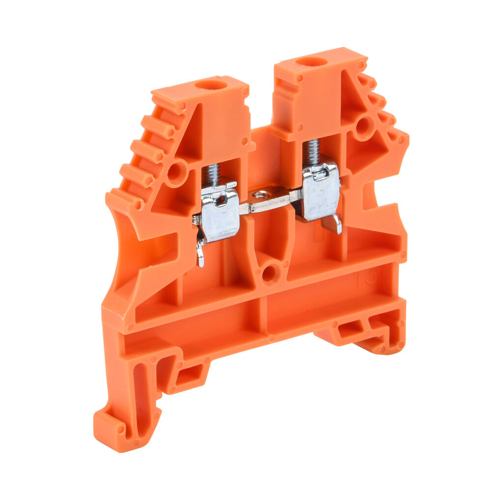 KN-T12ORG-100 - Konnect-It screw single-level feedthrough terminal block, accepts wire size 26-12 AWG, orange, 20A, 35mm DIN rail mount, 100kA SCCR. Package of 100. For use with jumpers KN-2J12, KN-3J12, KN-4J12 and KN-10J12.