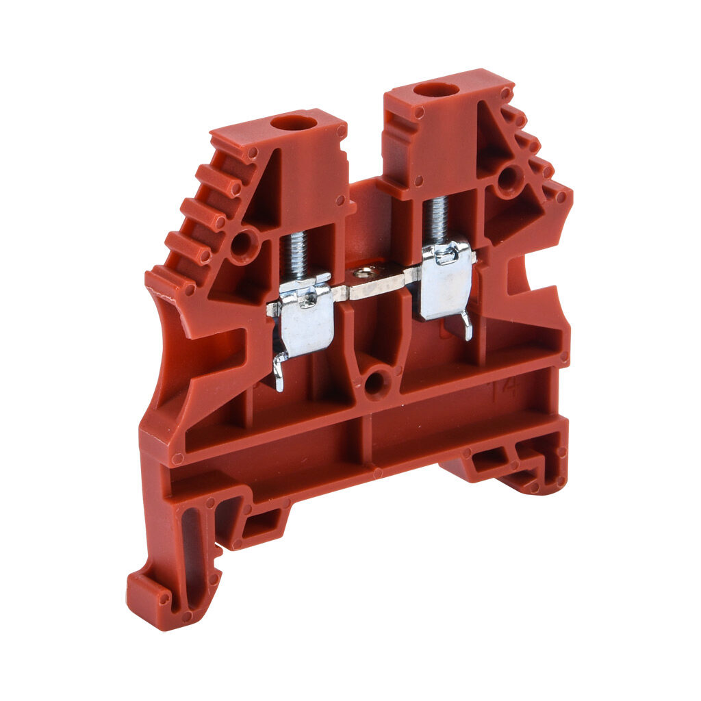 KN-T12RED-100 - Konnect-It screw single-level feedthrough terminal block, accepts wire size 26-12 AWG, red, 20A, 35mm DIN rail mount, 100kA SCCR. Package of 100. For use with jumpers KN-2J12, KN-3J12, KN-4J12 and KN-10J12.