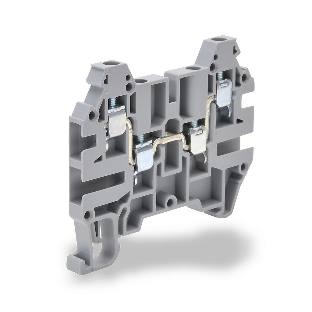 KN-T12SP4 - Konnect-It screw common point feedthrough terminal block, single-level, 2 input to 2 outputs, accepts wire size 26-12 AWG, gray, 20A, 600V rated (UL), 35mm DIN rail mount. Package of 100.