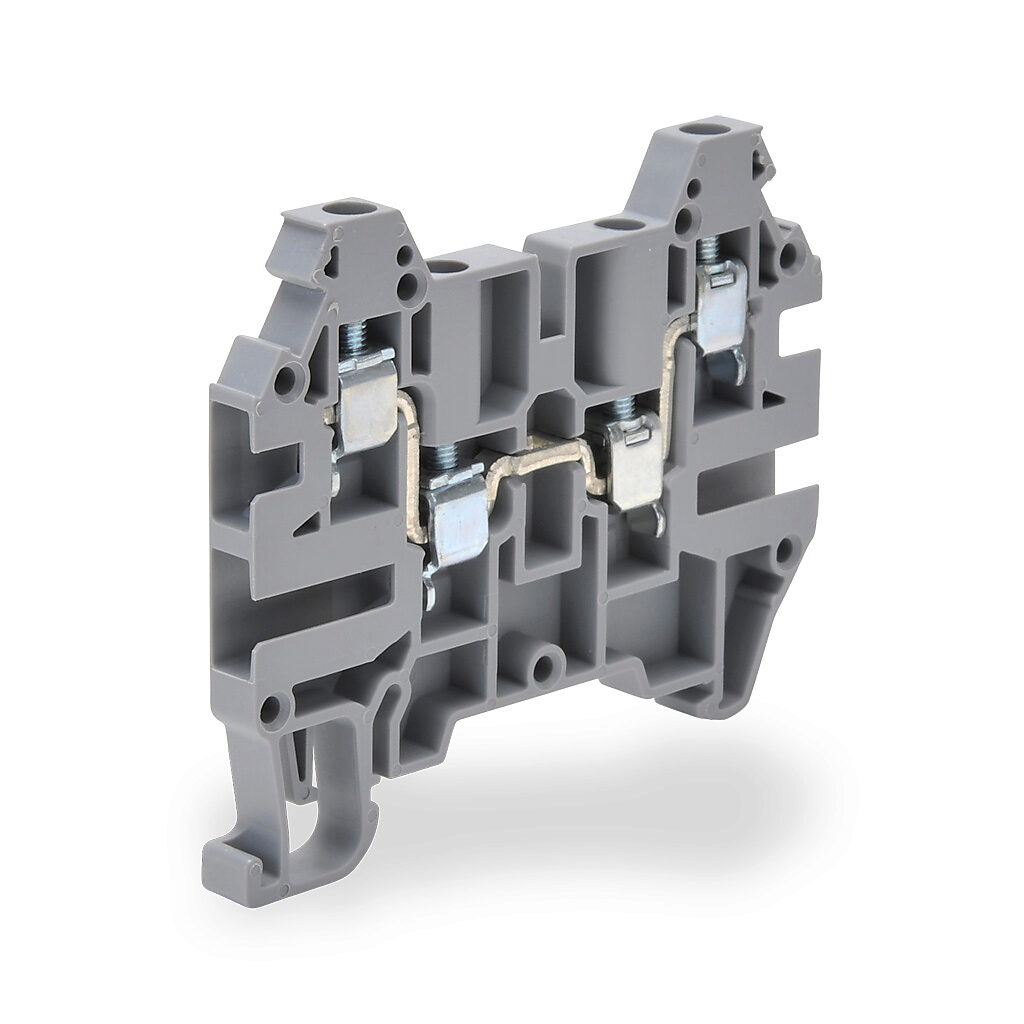 KN-T12SP4-25 - Konnect-It screw common point feedthrough terminal block, single-level, 2 input to 2 outputs, accepts wire size 26-12 AWG, gray, 20A, 600V rated (UL), 35mm DIN rail mount. Package of 25.