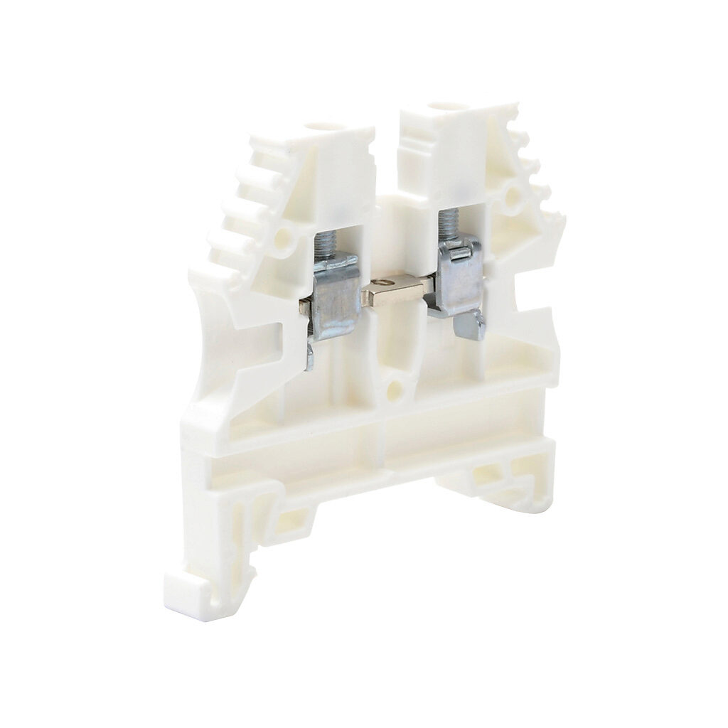 KN-T12WHT-25 - Konnect-It screw single-level feedthrough terminal block, accepts wire size 26-12 AWG, white, 20A, 35mm DIN rail mount, 100kA SCCR. Package of 25. For use with jumpers KN-2J12, KN-3J12, KN-4J12 and KN-10J12.