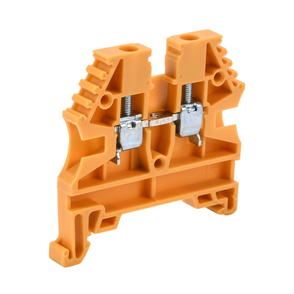 KN-T12YEL-100 - Konnect-It screw single-level feedthrough terminal block, accepts wire size 26-12 AWG, yellow, 20A, 35mm DIN rail mount, 100kA SCCR. Package of 100. For use with jumpers KN-2J12, KN-3J12, KN-4J12 and KN-10J12.