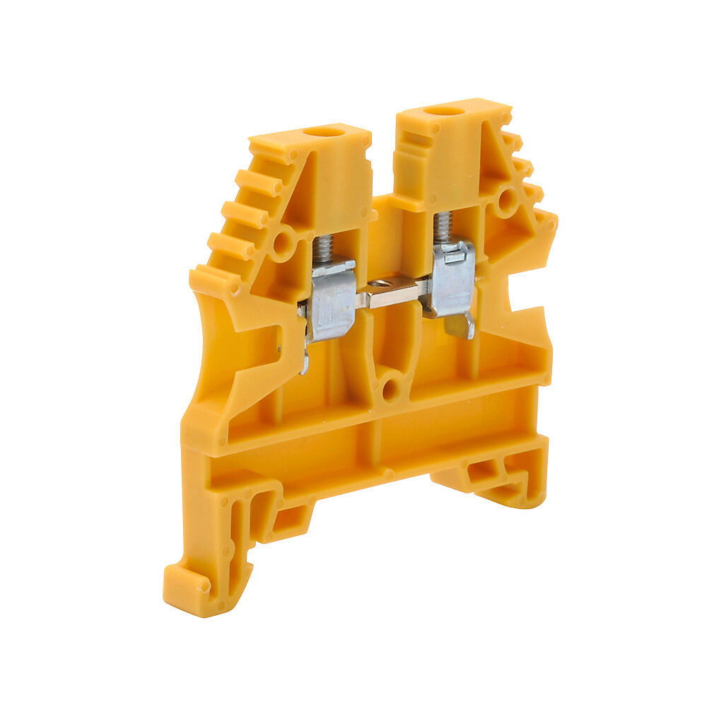 KN-T12YEL-25 - Konnect-It screw single-level feedthrough terminal block, accepts wire size 26-12 AWG, yellow, 20A, 35mm DIN rail mount, 100kA SCCR. Package of 25. For use with jumpers KN-2J12, KN-3J12, KN-4J12 and KN-10J12.