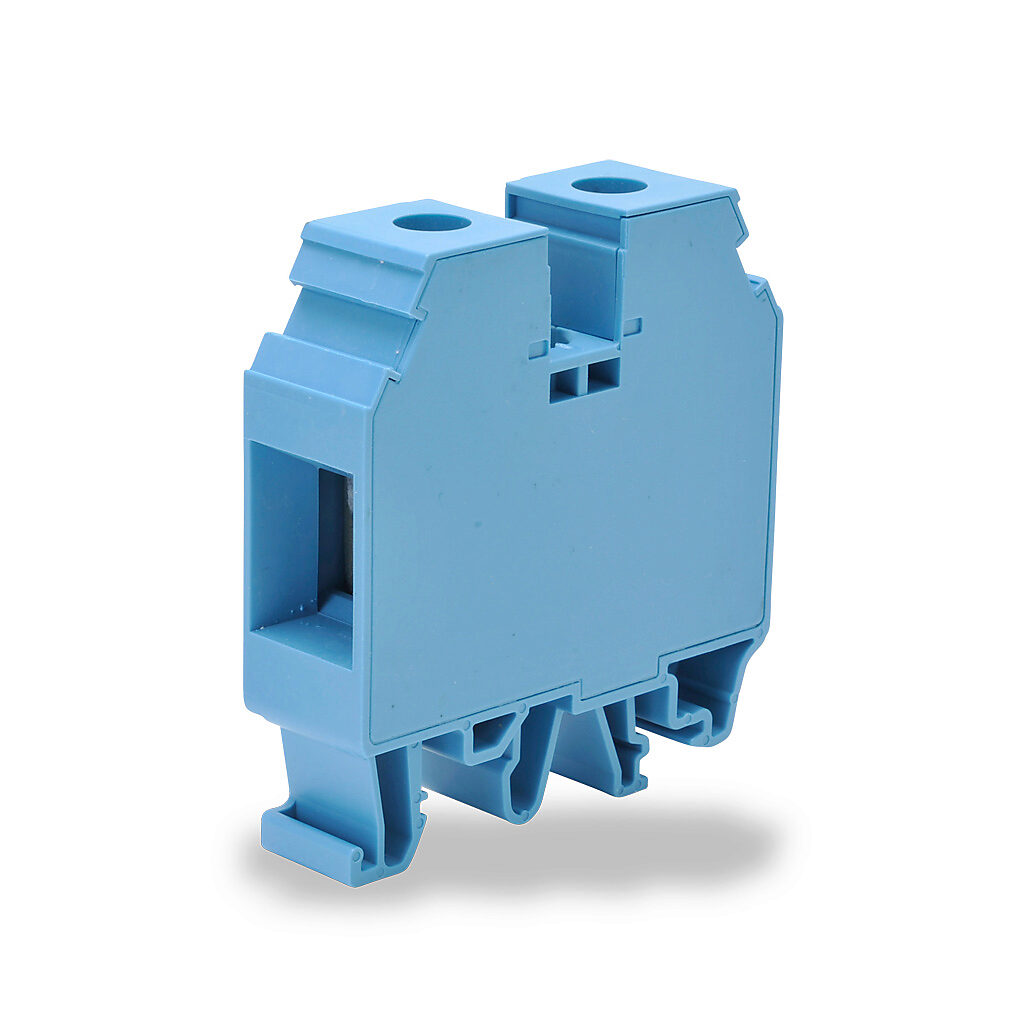 KN-T2BLU - Konnect-It screw single-level feedthrough terminal block, accepts wire size 12-2 AWG, blue, 115A, 35mm DIN rail mount, 100kA SCCR. Package of 40. For use with jumpers KN-2J2, KN-3J2, KN-4J2 and KN-10J2.