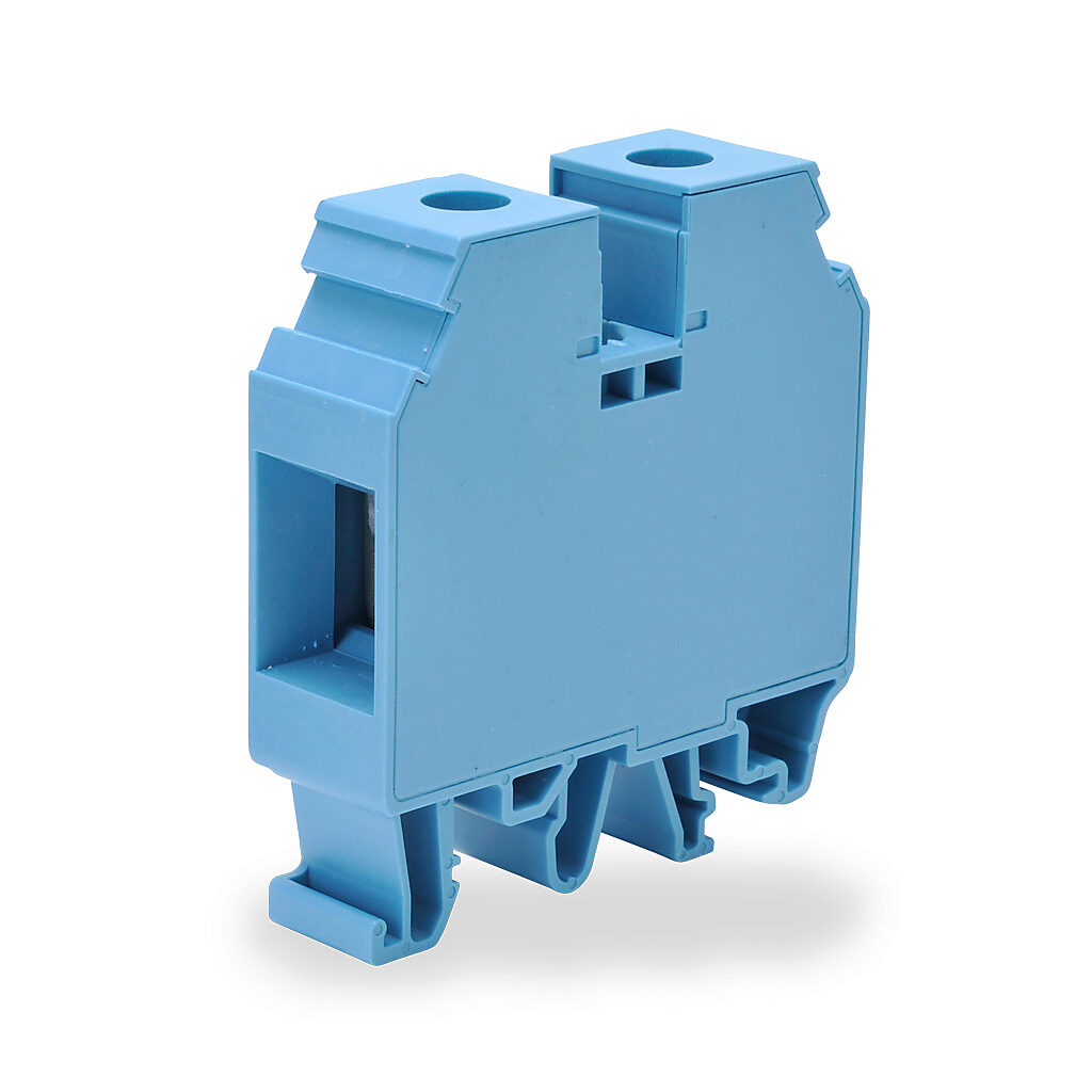 KN-T2BLU-10 - Konnect-It screw single-level feedthrough terminal block, accepts wire size 12-2 AWG, blue, 115A, 35mm DIN rail mount, 100kA SCCR. Package of 10. For use with jumpers KN-2J2, KN-3J2, KN-4J2 or KN-10J2.