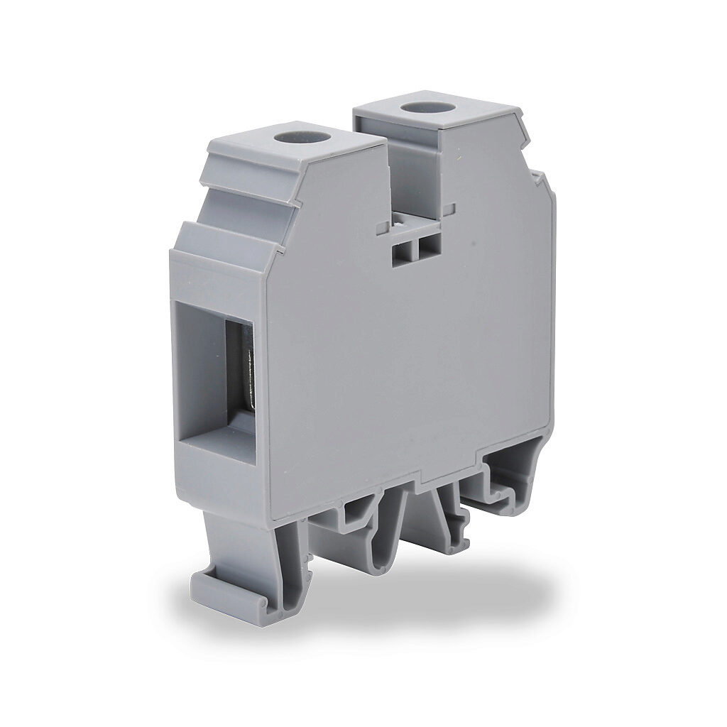 KN-T2GRY - Konnect-It screw single-level feedthrough terminal block, accepts wire size 12-2 AWG, gray, 115A, 35mm DIN rail mount, 100kA SCCR. Package of 40. For use with jumpers KN-2J2, KN-3J2, KN-4J2 and KN-10J2.