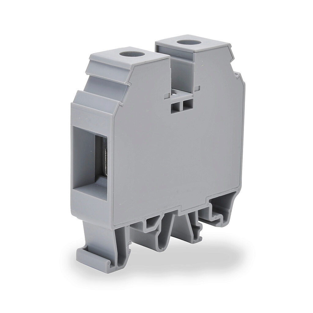 KN-T2GRY-10 - Konnect-It screw single-level feedthrough terminal block, accepts wire size 12-2 AWG, gray, 115A, 35mm DIN rail mount, 100kA SCCR. Package of 10. For use with jumpers KN-2J2, KN-3J2, KN-4J2 or KN-10J2.