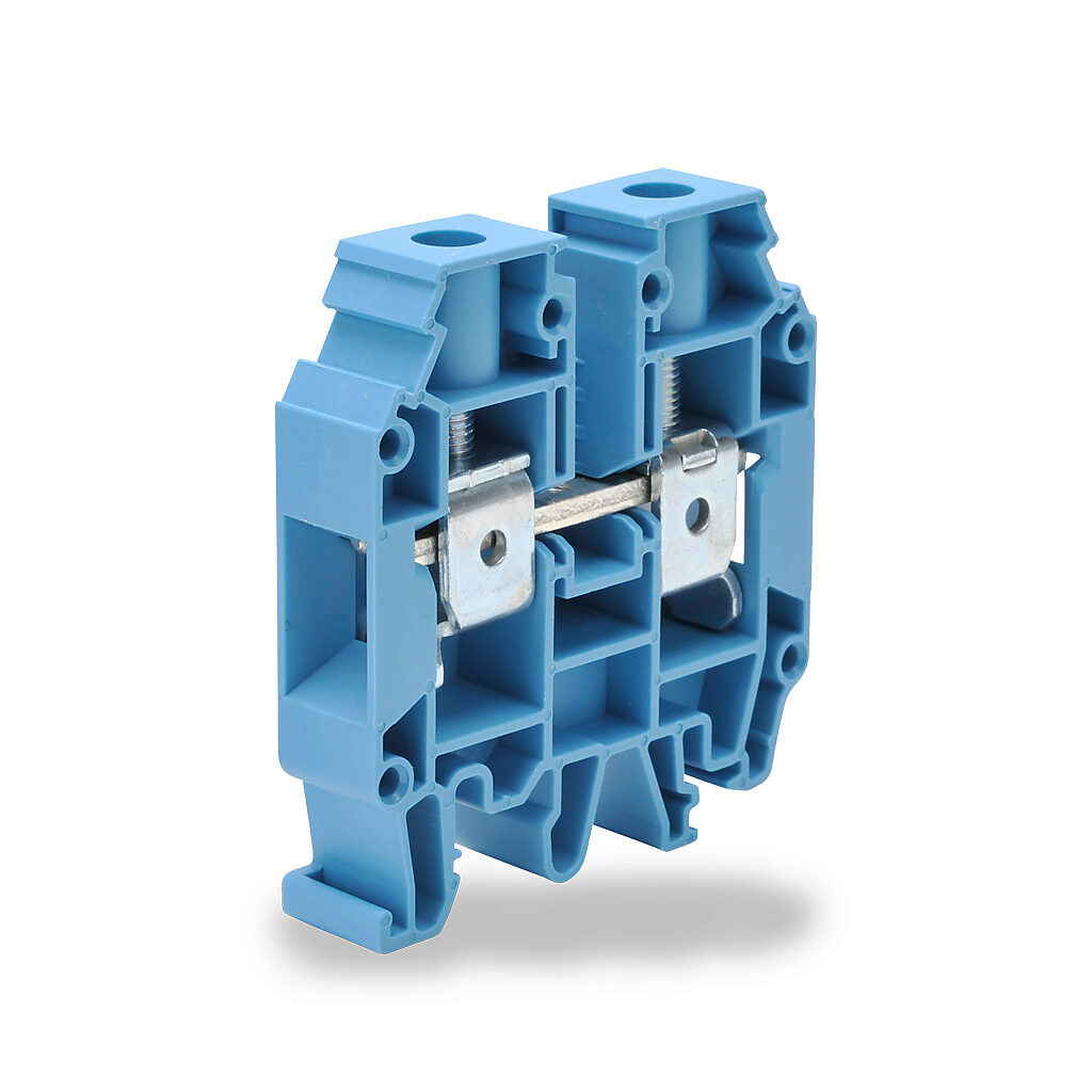 KN-T4BLU - Konnect-It screw single-level feedthrough terminal block, accepts wire size 12-4 AWG, blue, 80A, 35mm DIN rail mount, 100kA SCCR. Package of 50. For use with jumpers KN-2J4, KN-3J4, KN-4J4 and KN-10J4.