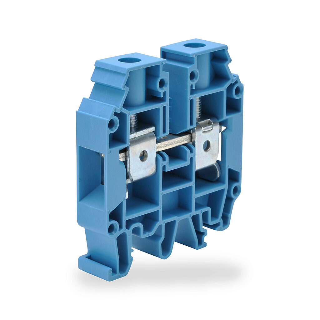 KN-T4BLU-25 - Konnect-It screw single-level feedthrough terminal block, accepts wire size 12-4 AWG, blue, 80A, 35mm DIN rail mount, 100kA SCCR. Package of 25. For use with jumpers KN-2J4, KN-3J4, KN-4J4 or KN-10J4.