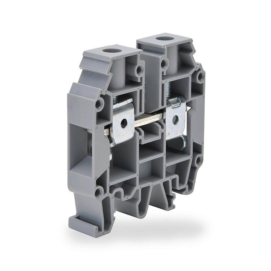 KN-T4GRY-25 - Konnect-It screw single-level feedthrough terminal block, accepts wire size 12-4 AWG, gray, 80A, 35mm DIN rail mount, 100kA SCCR. Package of 25. For use with jumpers KN-2J4, KN-3J4, KN-4J4 or KN-10J4.